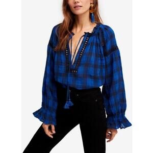 Free People Honey Grove Plaid Top in Black Blue